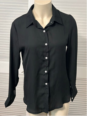 NWT OMSJ Black Sheer Button Down Shirt Size S Long Sleeve Stretch